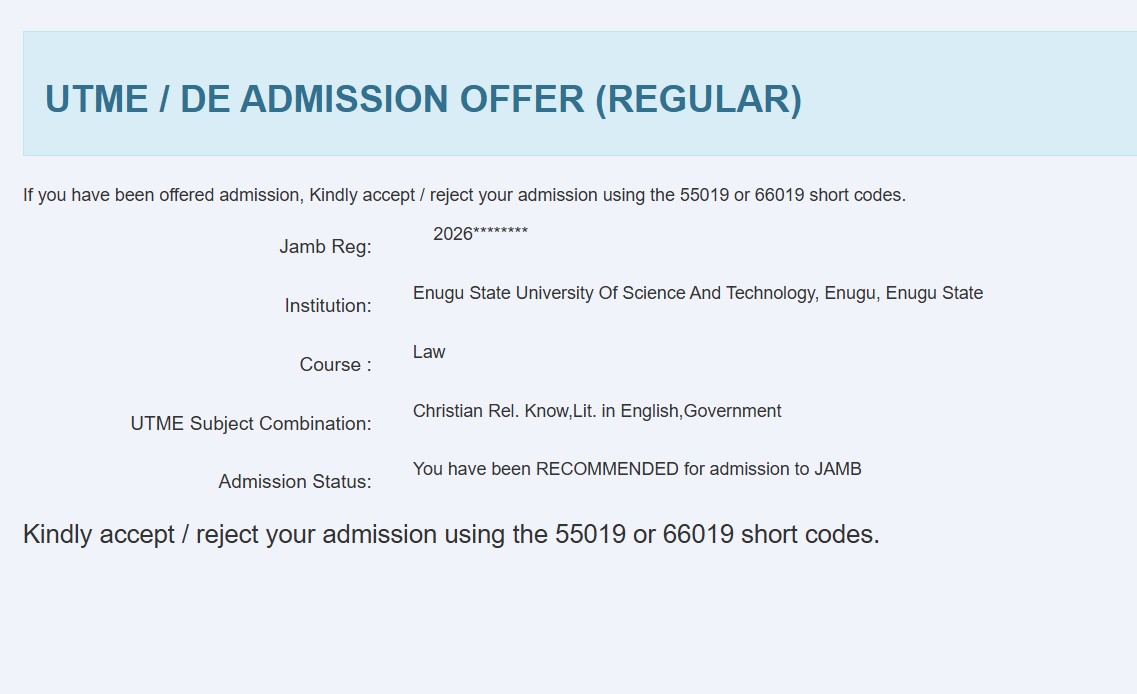 Meaning of You have been RECOMMENDED for admission to JAMB